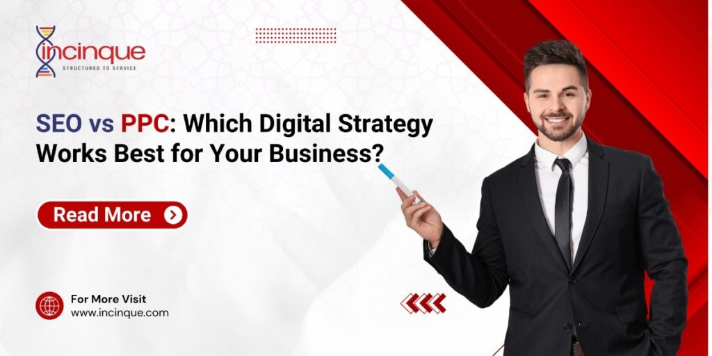 A professional businessman in a suit pointing with a marker, illustrating the comparative analysis of choosing between SEO and PPC digital marketing strategies.