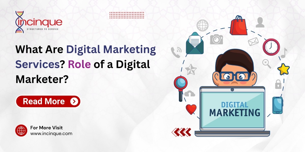 An illustration of a person working on a laptop labeled "DIGITAL MARKETING," surrounded by various digital icons like emails, shopping bags, and clocks, representing the diverse responsibilities of a digital marketer.