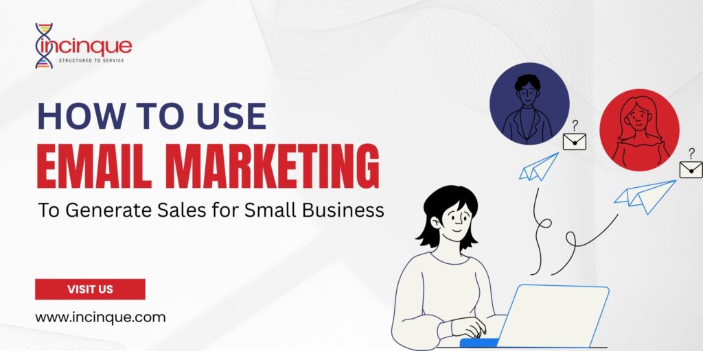 An illustration of a woman working on a laptop with paper airplanes and customer profiles representing email marketing conversion.
