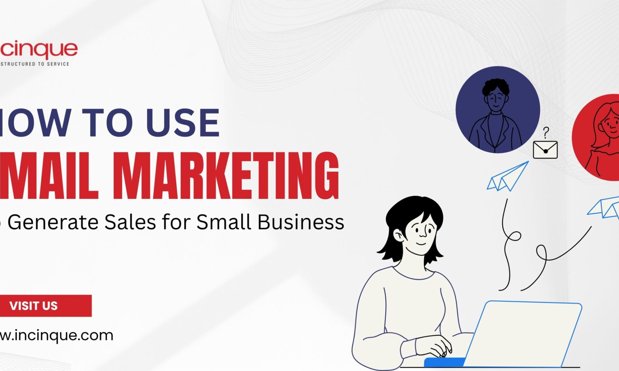 An illustration of a woman working on a laptop with paper airplanes and customer profiles representing email marketing conversion.