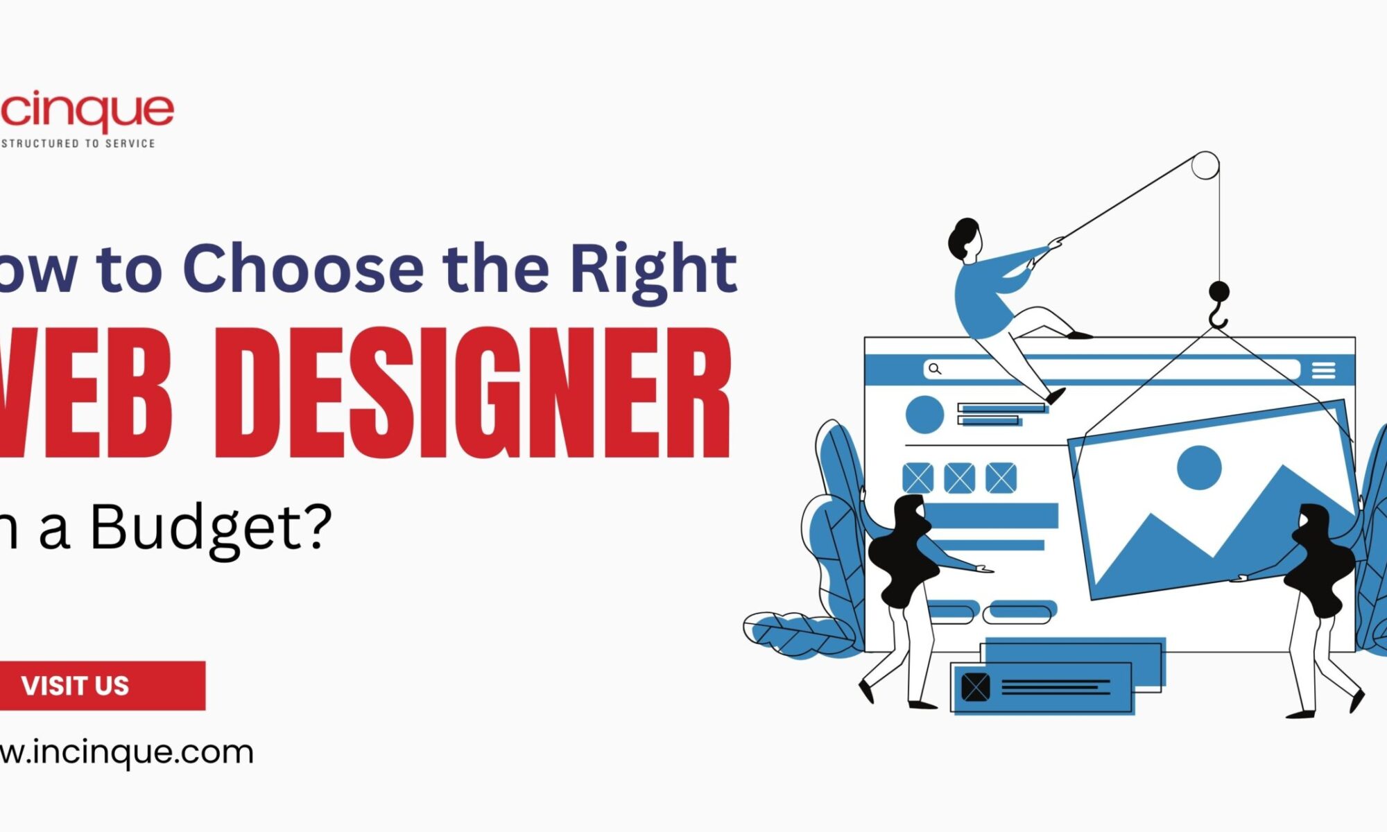 Illustrated design team constructing a website interface to show how to choose the right web designer on a budget.
