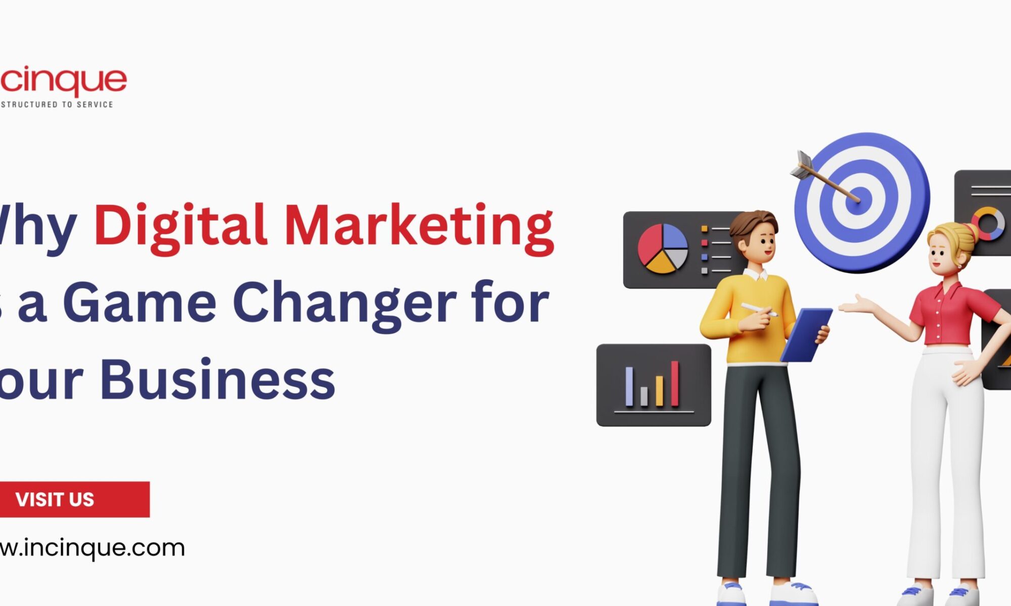 3D characters analyzing data charts and a target board to show why digital marketing is a game changer.