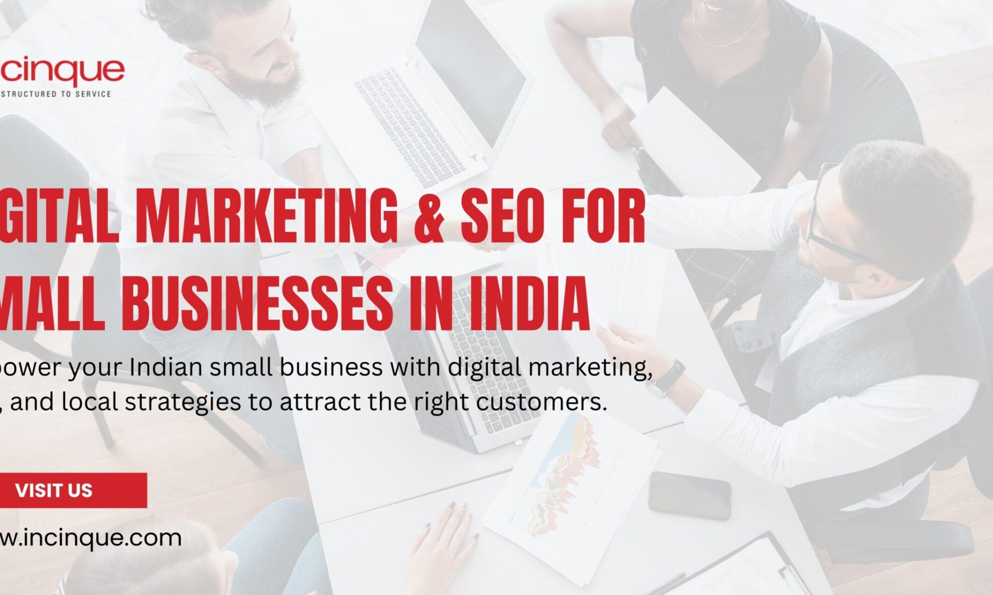 Incinque team discussing digital marketing and SEO strategies for small businesses in India during a meeting.