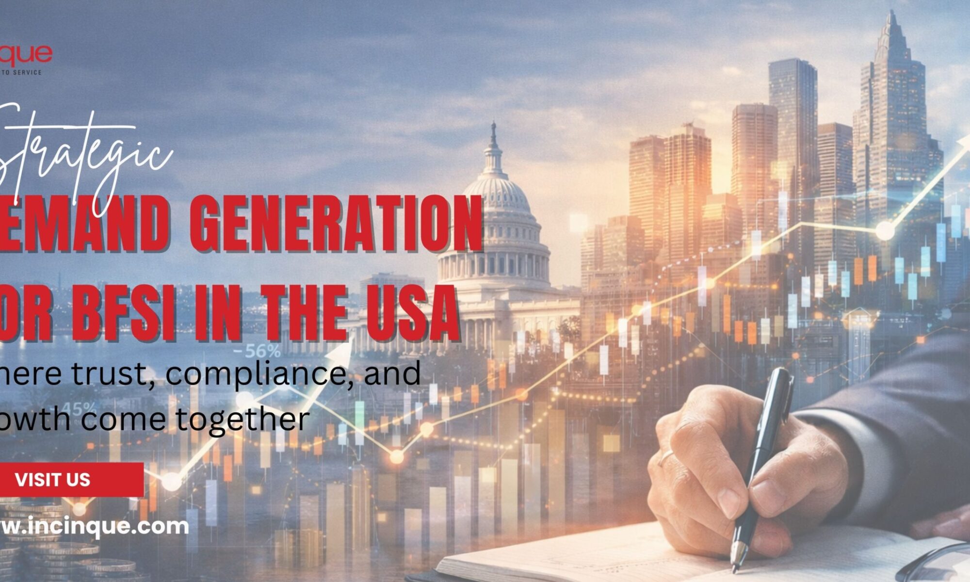 A professional analyzing financial growth charts and market trends for BFSI demand generation in the USA.