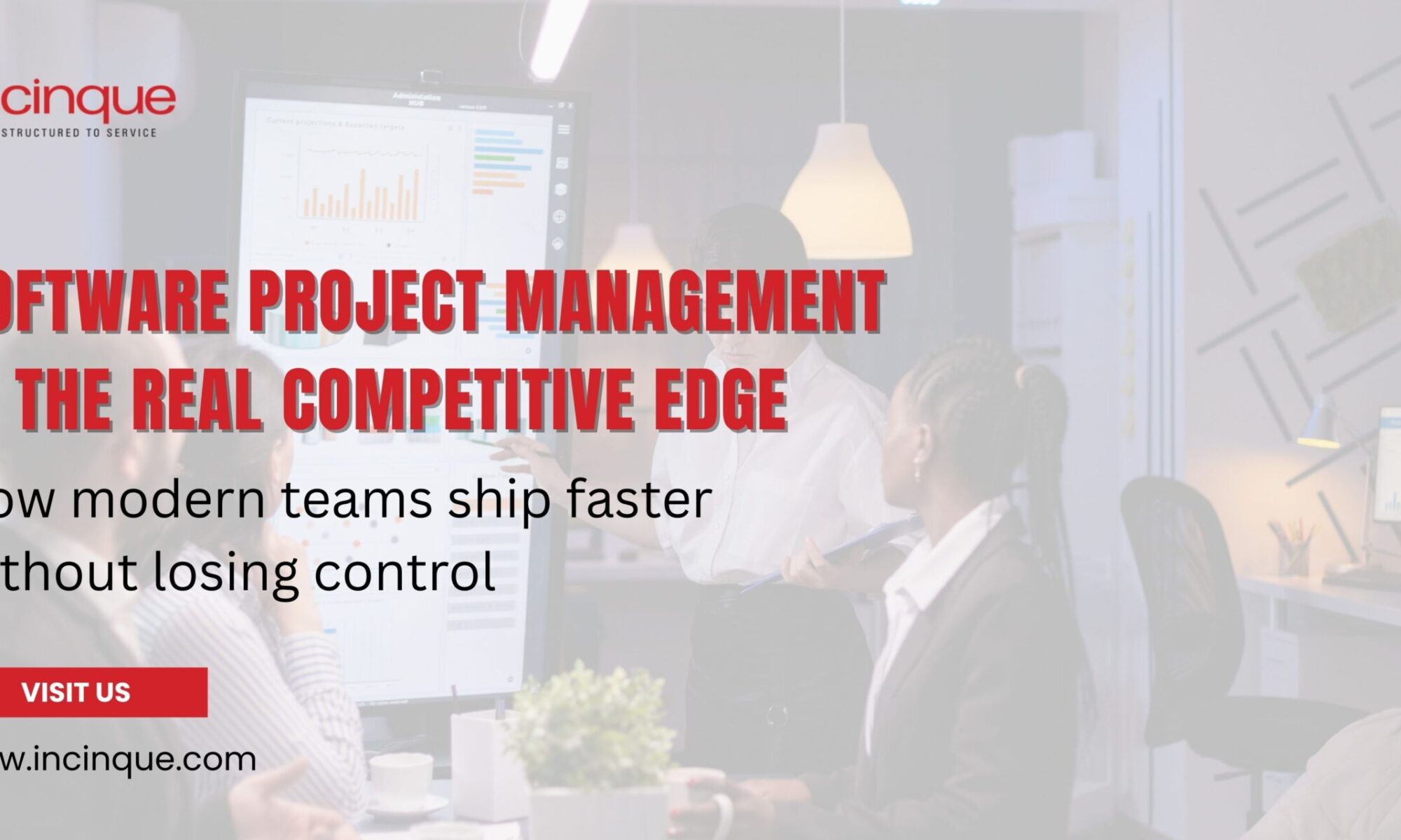 Incinque software project management team analyzing development workflows and charts on a smartboard.