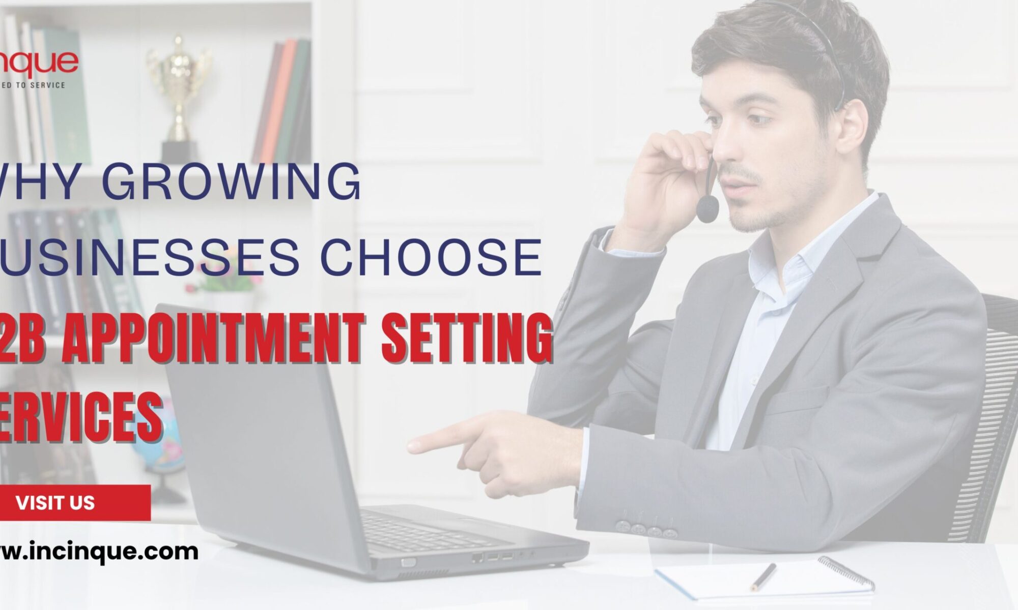 A B2B appointment setting professional talking on a headset and using a laptop to schedule client meetings.