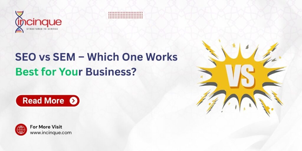 A vibrant graphic featuring a "VS" burst icon that highlights the comparison between SEO and SEM strategies for business growth.