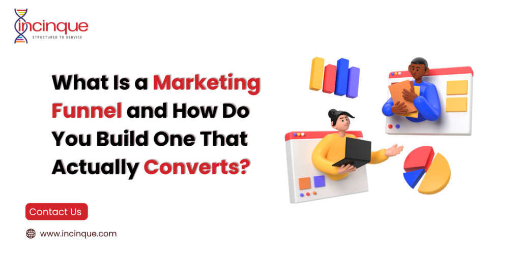Marketing funnel illustration showing analytics, customer journey, and conversion strategy elements.