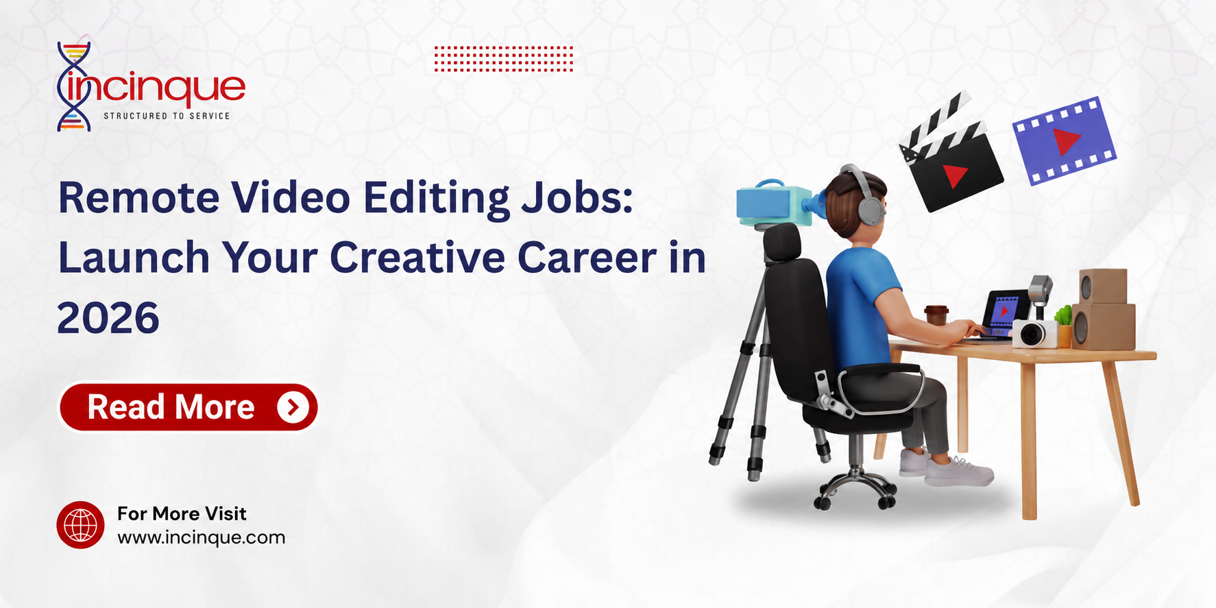 Remote video editing jobs banner with a 3D editor working at a computer and the text "Launch Your Creative Career in 2026