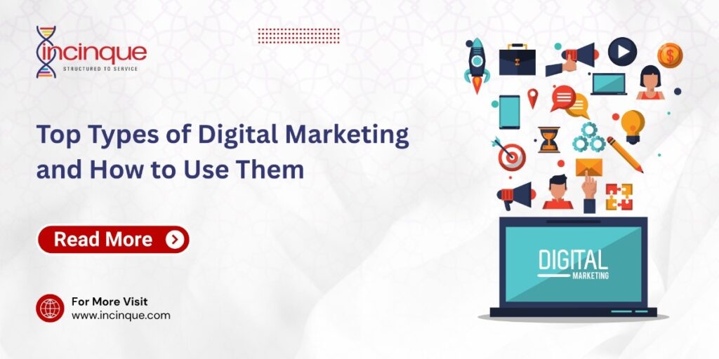 A laptop with various digital marketing icons—such as a rocket, briefcase, megaphone, and target—floating above it, representing the diverse channels used in modern marketing.