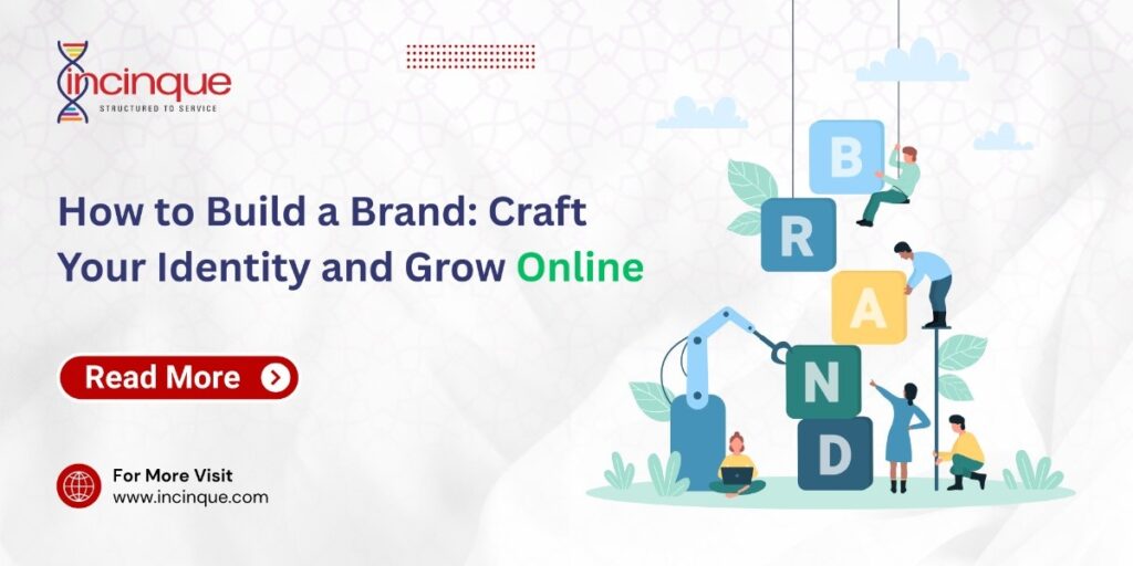 An illustration of a team working together to stack large blocks that spell "BRAND," representing the collaborative effort of building a strong brand identity.