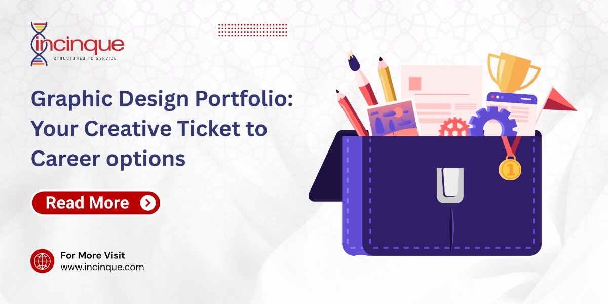 An illustration of a briefcase filled with creative tools like brushes, pencils, and achievement awards, symbolizing the importance of a portfolio for a career in graphic design.